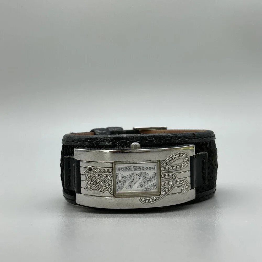 Guess Womens Watch 20mm Silver Tone Black Leather Gem Logo Cuff New Battery